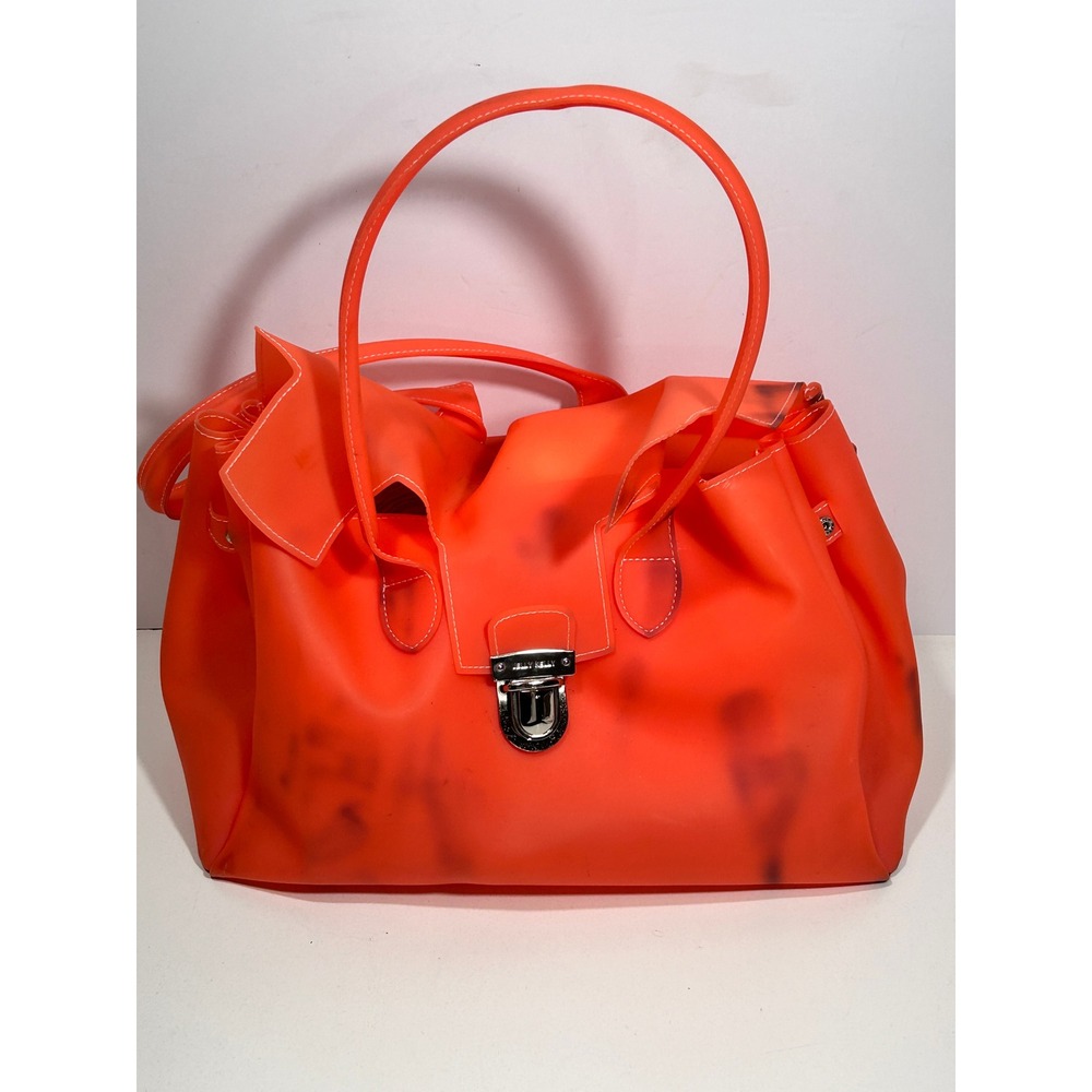 Jelly Kelly Neon Orange PVC Rubber Tote Shoulder Bag Silver Hardware STAINED
